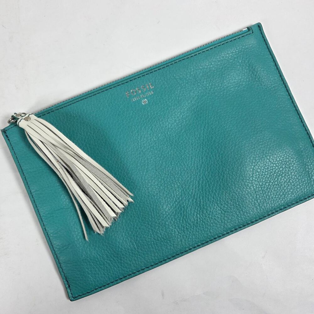 Fossil Audri Teal Leather Clutch Wallet Large Zip Pouch Tassel Pebbled Leather